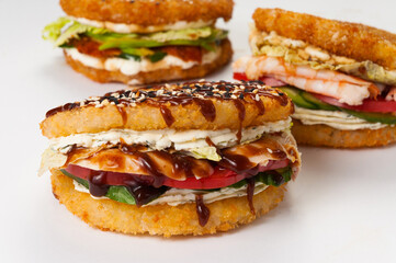 sushi burger with rice bun is a popular dish in Japan or Korea