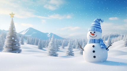Obraz premium snowman wearing a hat with trees in background. on snowy scenery in the winter christmas season