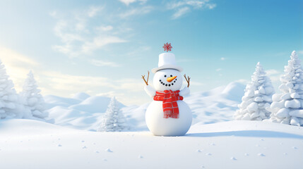 Obraz premium snowman wearing a hat with trees in background. on snowy scenery in the winter christmas season