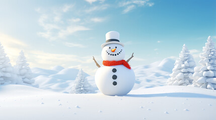 Obraz premium snowman wearing a hat with trees in background. on snowy scenery in the winter christmas season