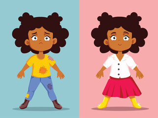 
Little Girl Wearing Old versus New Clothes Vector Cartoon illustration. Opposite adjectives explanation card for educational purposes 
