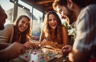 A group of friends in a great mood playing a board game - Powered by Adobe