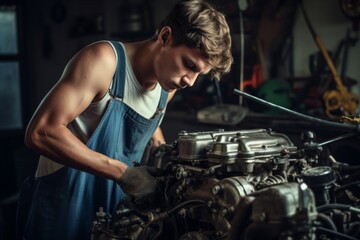 Obraz na płótnie Canvas Man repairs a car in his garage.