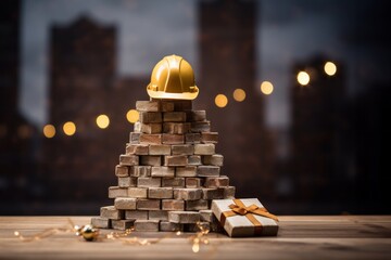 Creative new year card for construction workers. A stack of bricks in the shape of a Christmas tree - obrazy, fototapety, plakaty
