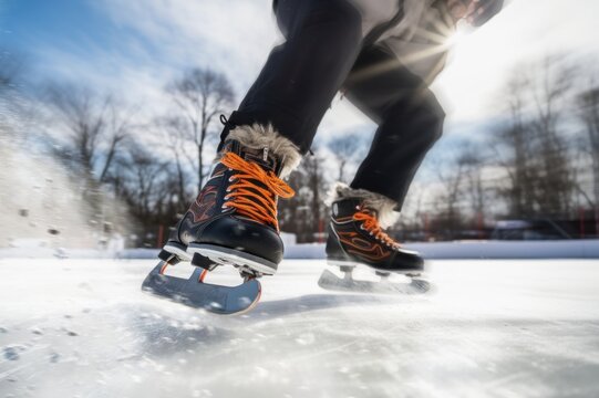 A man is actively skating on the ice. Outdoor ice skating rink