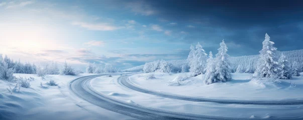 Foto auf Acrylglas Winter snowy wet road in the snowing winter season, banner panorama. Generative Ai. © annamaria