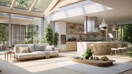 Modern livingroom interior composition. Big windows with landscape view.