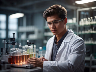 Young man doctor, scientist in goggles doing medical research with samples,  scientific innovation and medical research.