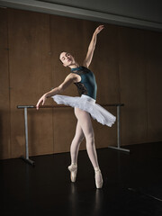 Graceful slim ballerina standing on tiptoes in pointe shoes