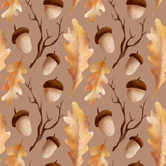 Autumn acorn pattern with oak leaves. Brown color backdrop. Digital watercolor illustration
