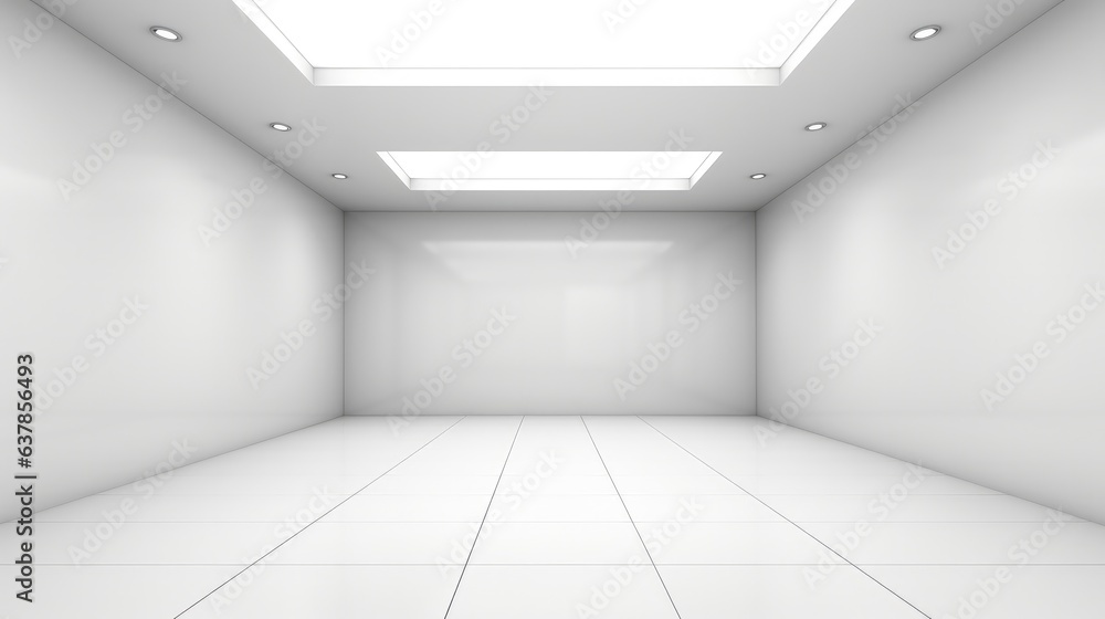 Poster 3d rendering of white empty space in room, Ceramic tile floor in perspective, window and ceiling strip light.
