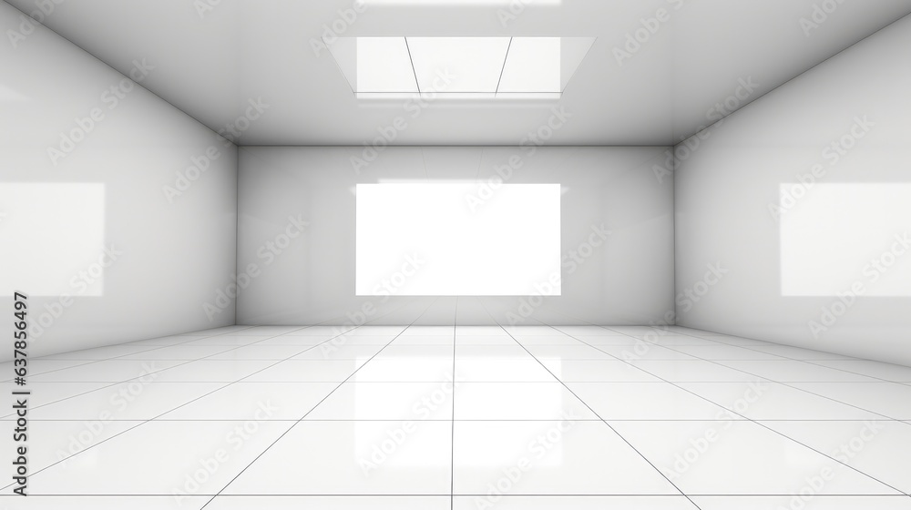 Poster 3d rendering of white empty space in room, Ceramic tile floor in perspective, window and ceiling strip light.