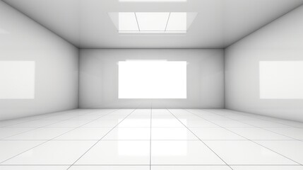 3d rendering of white empty space in room, Ceramic tile floor in perspective, window and ceiling strip light.