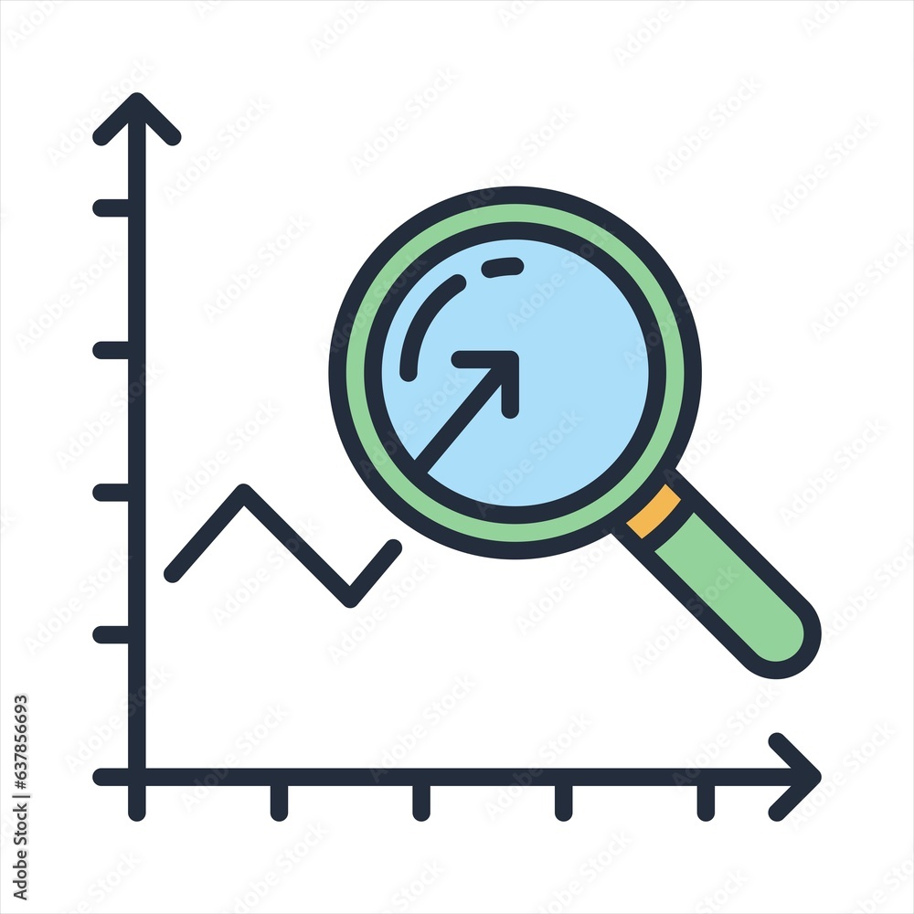 Poster magnifying glass icon in flat style. search loupe on color background. business analytic charts illu