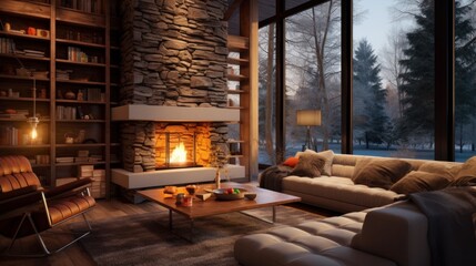 Spacious cozy living room with big windows and fireplace