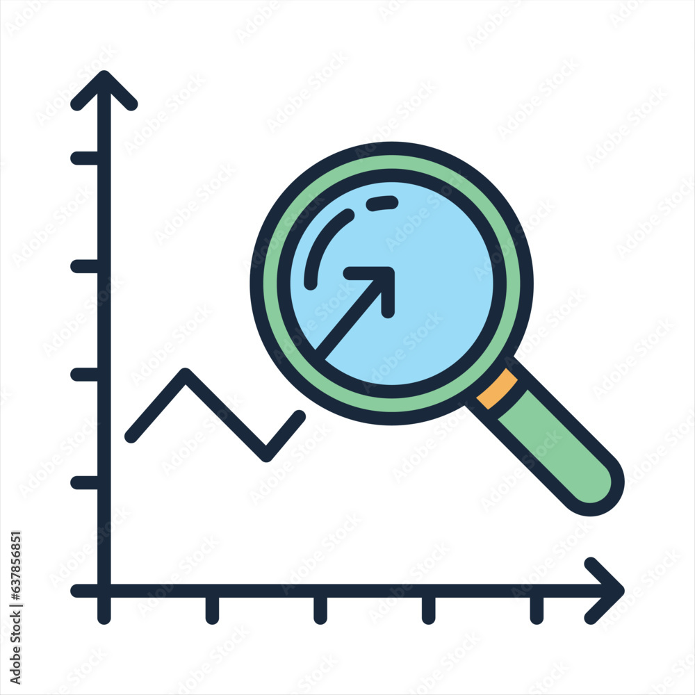 Poster magnifying glass icon in flat style. search loupe on color background. business analytic charts illu