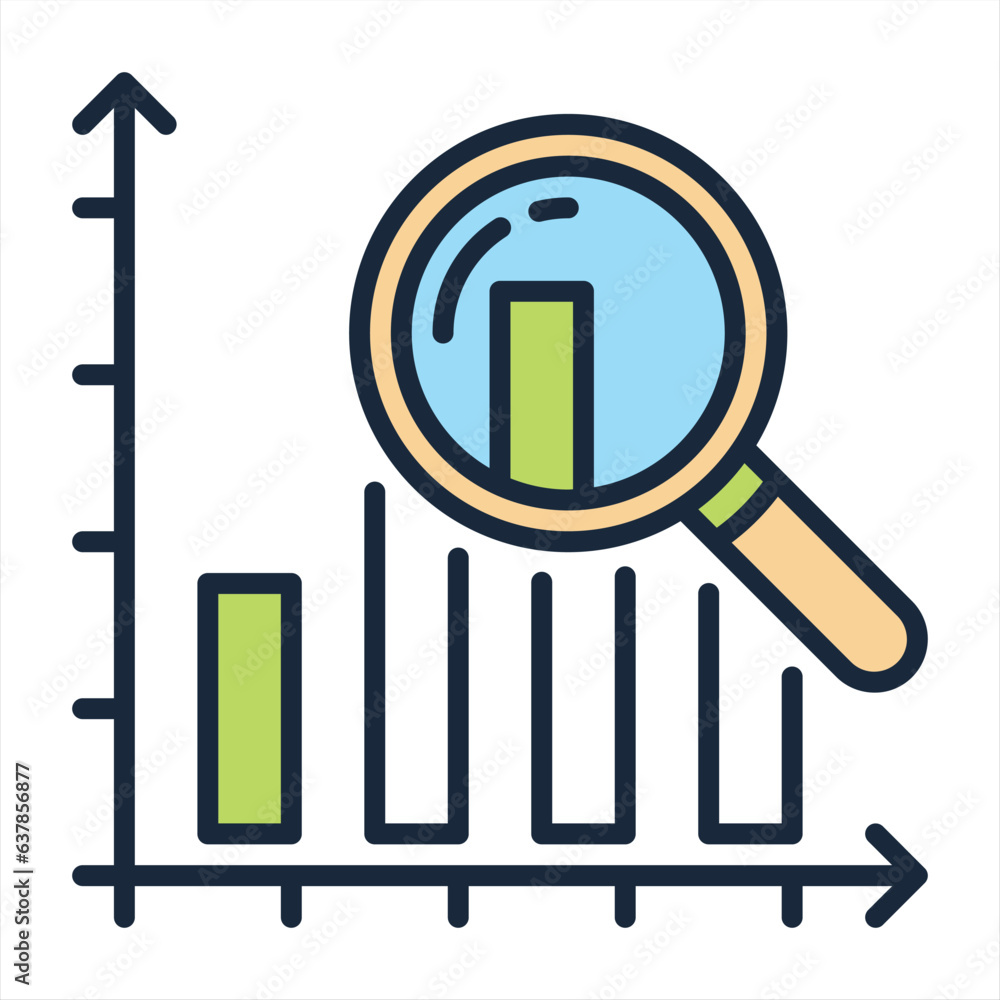 Poster magnifying glass icon in flat style. search loupe on color background. business analytic charts illu