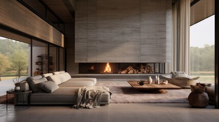 Spacious cozy living room with big windows and fireplace - obrazy, fototapety, plakaty
