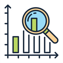 Magnifying glass icon in flat style. Search loupe on color background. Business analytic charts illustration. Vector design object for you project