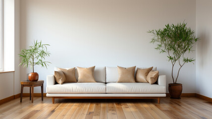 casual sofa in front of a single white empty wall, oiled wooden floor.