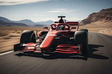 Poster Im Rahmen close up a formula 1 car at full speed on a racing circuit. © AI_images