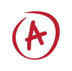 Grade A exam results icon,  Assessment results. Hand drawn school or college exam results. Class grades with circles red on white background. Grade result, Hand drawn vector grade in red circle. 