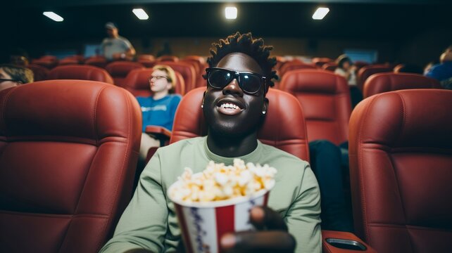 Black Man Eating Popcorn In A Movie Theater, Sitting And Eating Popcorn.