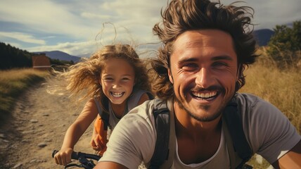 Happy young couple explores nature by bike .