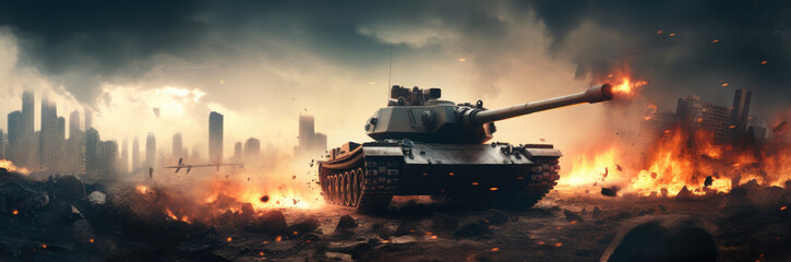 Armored tank crosses destroyed war zone through fire and smoke in the desert at war zone. - obrazy, fototapety, plakaty