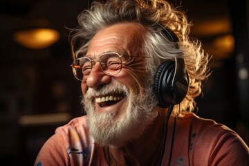 portrait a happy senior man in summer shirt and in wireless headphones dancing.