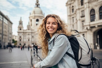 portrait cheerful tourist push a bike in eu metropolis background.