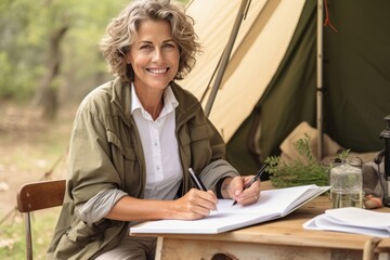 Portrait of pretty senior woman in white casuals writing journal besides tent in forest.