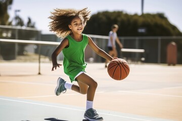 Pre-adolescent girl dribbling ball at sports court.