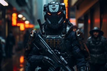 Techno Warriors, Futuristic SWAT Soldier Squad on Patrol in Cyberpunk City