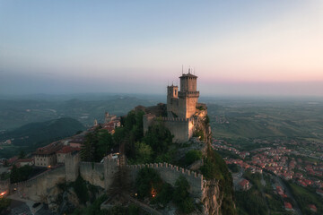 Fototapeta na wymiar San Marino cityscape, Guaita fortress on the top of Mount Titano rock Republic of San Marino