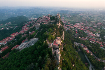 San Marino cityscape, Guaita fortress  on the top of Mount Titano rock Republic of San Marino