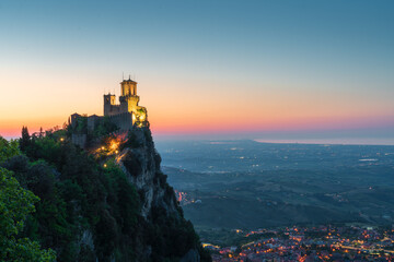 San Marino cityscape, Guaita fortress  on the top of Mount Titano rock Republic of San Marino