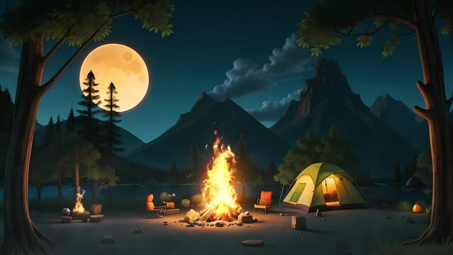 camp at night in the jungle with beautiful panorama, seamless looping video animated background	
