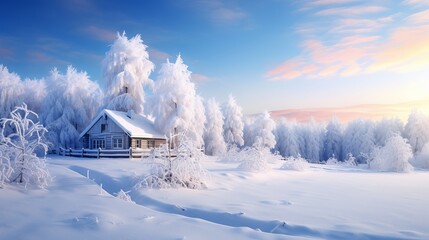 wooden house with beautiful winter landscape with snow covered trees - obrazy, fototapety, plakaty