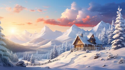 wooden house with beautiful winter landscape with snow covered trees
