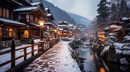 Ancient Ginzan onsen village in winter, travel landmark in Japan