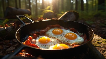 Camping breakfast with bacon and eggs in a cast iron skillet. Fried eggs with bacon in a pan in the forest.
