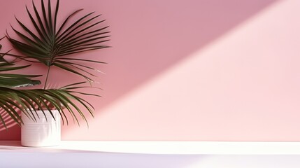 Shadow from palm leaves on the pink wall, Product presentation.
