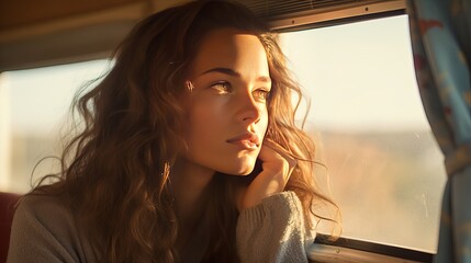 Pensive woman looking outside the window inside a camper van with nostalgia and romantic feeling