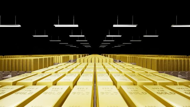 4K vault gold brick multi-angle 3D rendering animation