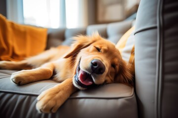 happy golden retriever dog is lying on a cozy sofa