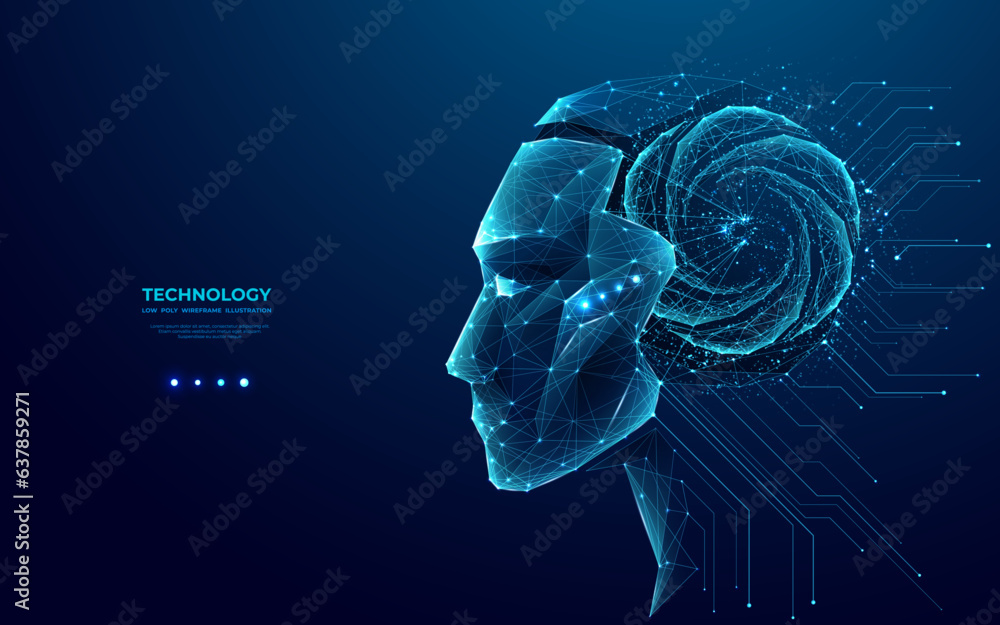 Poster Abstract head of the humanoid robot android in futuristic low poly wireframe style consists of glowing dots and thin lines. Close-up side view of asexual bot or cyborg. Artificial intelligence concept