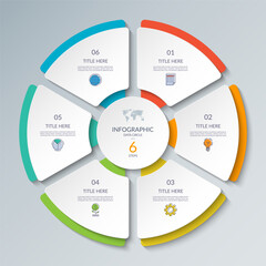 Vector infographic circle. Cycle diagram with 6 steps. Round chart that can be used for report, business analytics, data visualization and presentation.