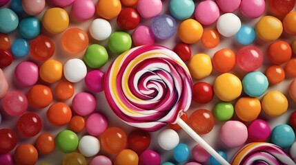 Fototapeta na wymiar Colorful lollipops and different colored round candy background.