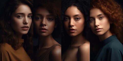 Fototapeta premium Group of Fashionable Young Women from Different Backgrounds, including African and Caucasian, Showcase Their Stunning Features and Modern Glamour